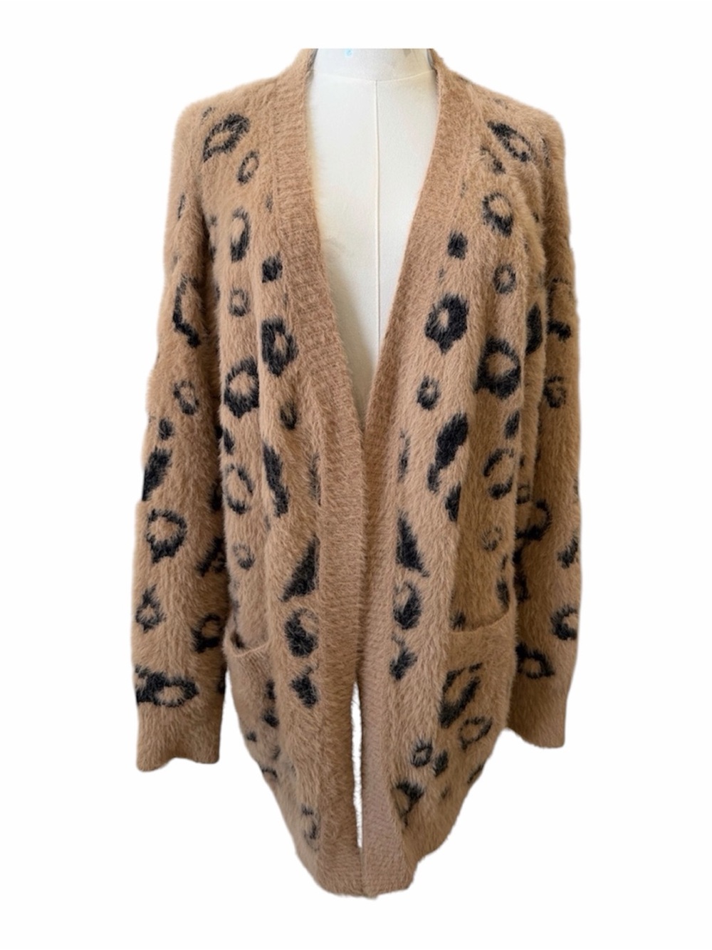 Bluivy Fuzzy Leopard Print Open Cardigan Front Pockets Camel & Black Size S